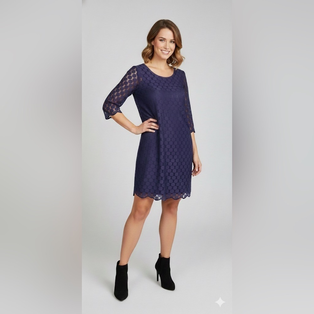 Adrianna Papell Navy blue dot lace overlay shift dress size 14W